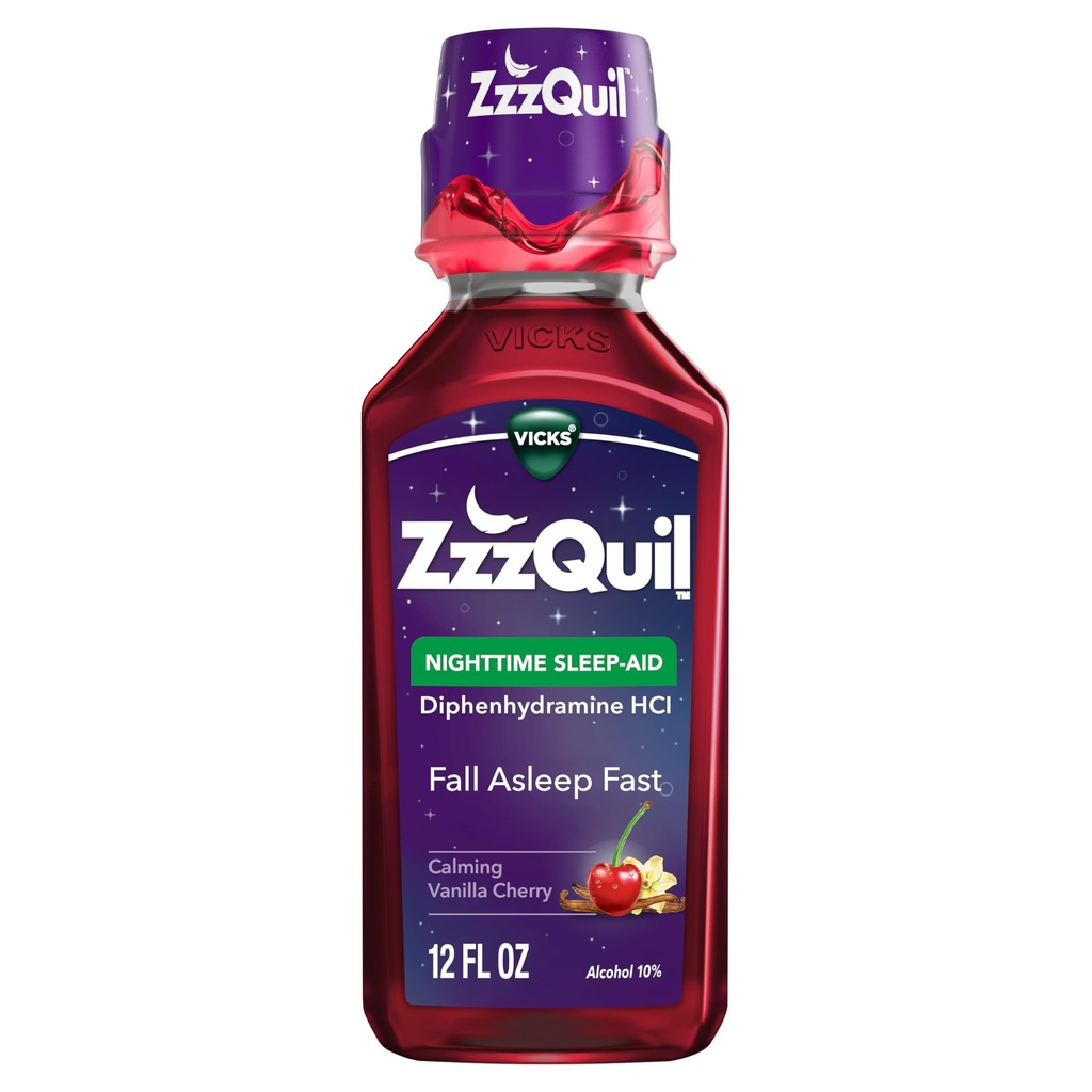 ZzzQuil, Nighttime Sleep Aid Liquid, 50 mg Diphenhydramine HCl, No.1 Sleep Aid Brand, Fall Asleep Fast, Non-Habit Form, Calming Vanilla Cherry, 12 FL OZ OZ