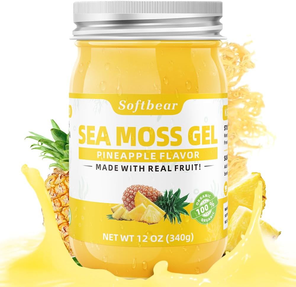softbear Sea Moss Gel Pineapple Flavored 12 OZ - Wildcrafted Irish Sea Moss Gel Organik Raw 92 Mineraller ve Vitaminler -GMO Gluten-Free Vegan Supplements Immune Thyroid Digestive Support