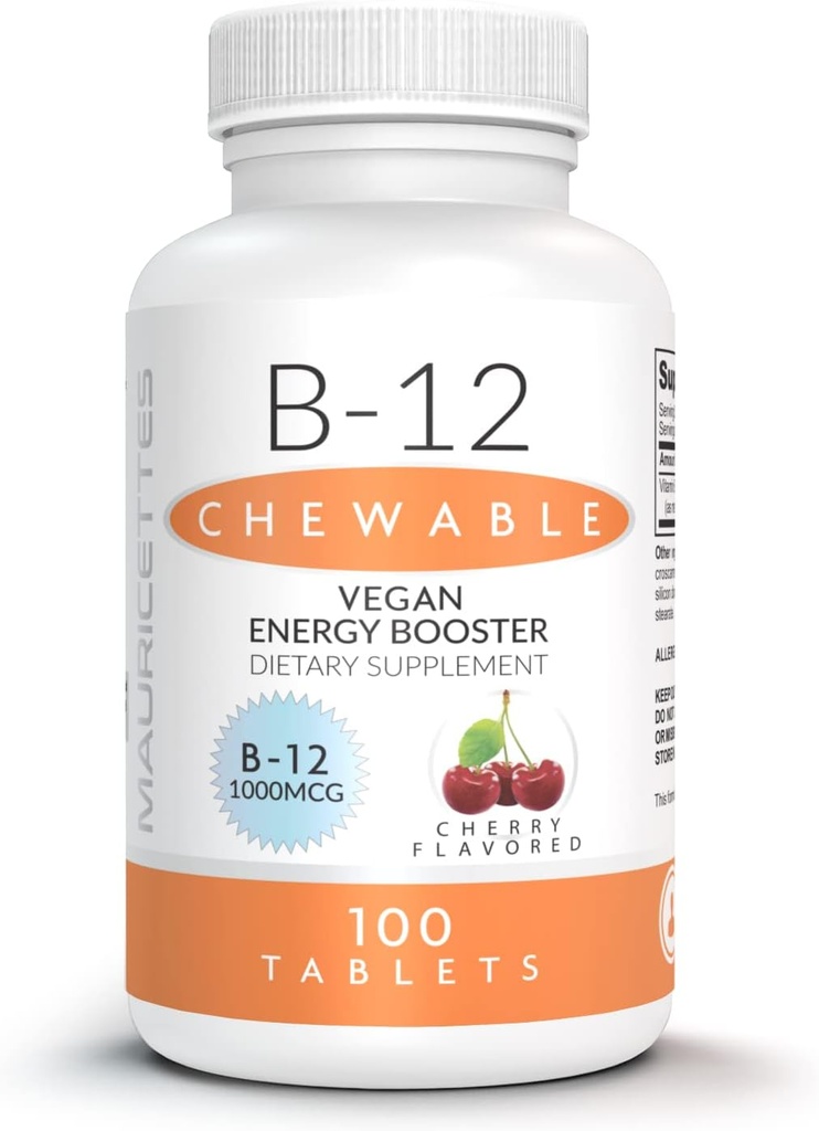 Mauricettes Natural Vitamin B-12 Torchcobalamin 1000 Live - 100 Chewable Cherry Tabletler - Enerji Desteği için Sublingual B 12 Supplement - Gelatin Free