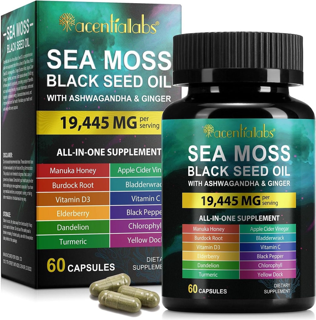 Sea Moss Black Seed Oil Capsules, Ashwagandha Ginger Capsule ile C D3, Immunity, Digestive, Energy, Skin & Hair, Black Seed Oil Sea Moss Capsules, 60P