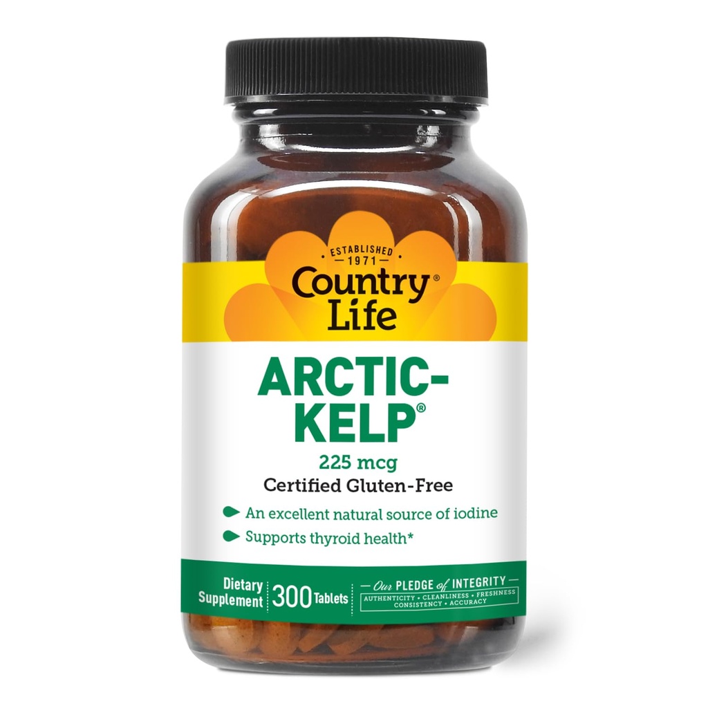 Country Life Arctic-Kelp – Natural Iodine Supplement for Thyroid and Immune Support – Vegan, Gluten-Free, 225 mcg – Sizinroid Sağlığı için İdeal, Hipotiroidizm ve Adrenal Destek, 300 Tablet
