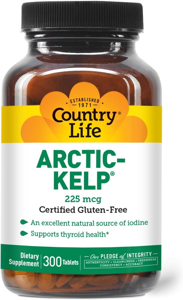 Country Life Arctic-Kelp – Natural Iodine Supplement for Thyroid and Immune Support – Vegan, Gluten-Free, 225 mcg – Sizinroid Sağlığı için İdeal, Hipotiroidizm ve Adrenal Destek, 300 Tablet