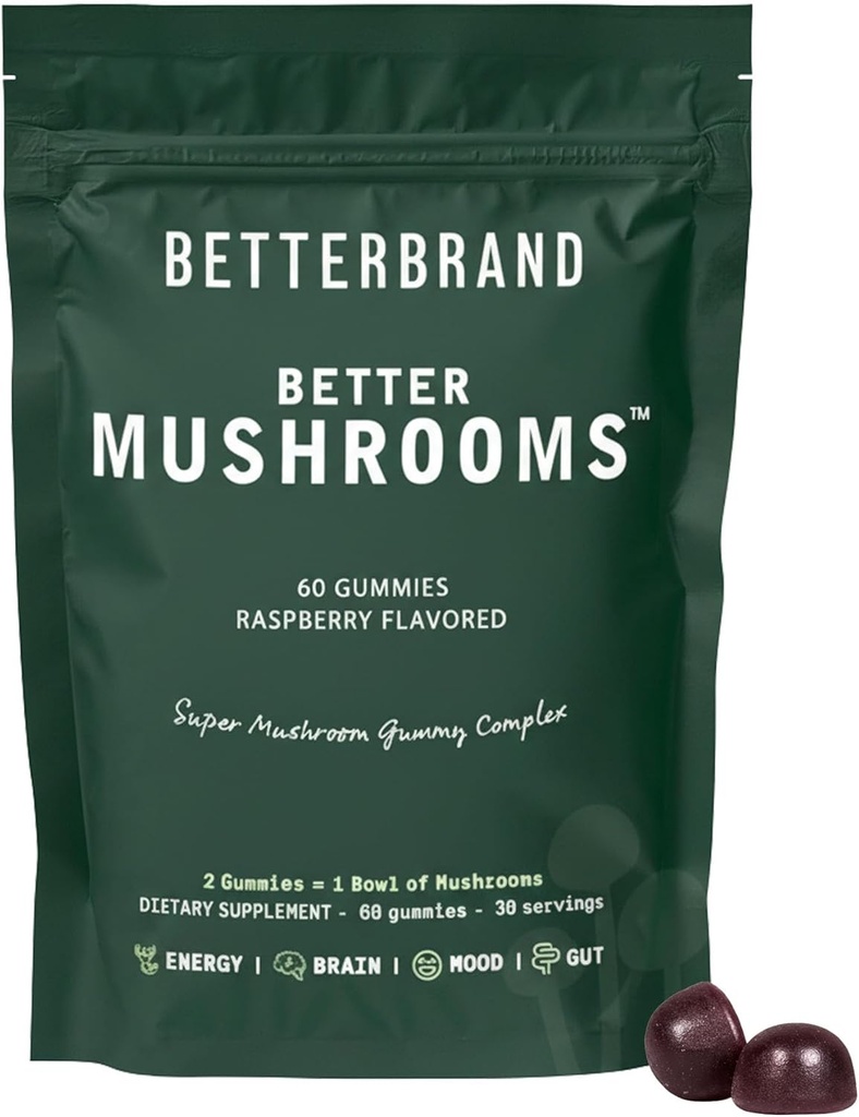Betterbrand BetterMushrooms Nootropic Gummies - Better Gut Health, Cognitive Function, mental Clarity with 10 Fonksiyonel Mushrooms - 60 Gummies - Raspberry Flavor - 1 Paket