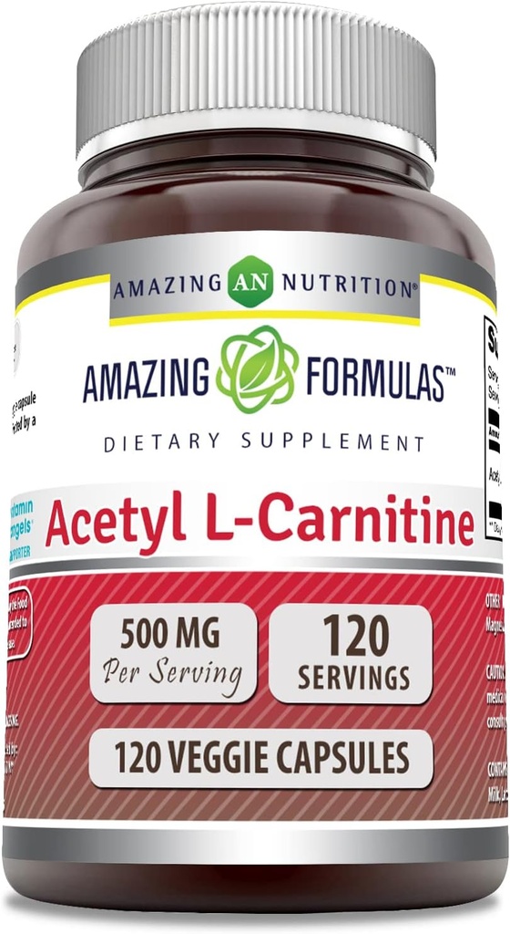 Amazing Formulas Acetyl L-Carnitine Hcl Supplement | 500 Mg Per Serving | 120 Veggie Capsules Supplement | Non-GMO | Gluten Free | Made in USA