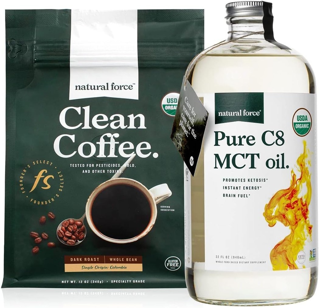 Doğal Kuvvet Dark Roast Clean Coffee + Organic Pure C8 MCT Oil Sche – 100% C8 MCTs & Moldova Free Coffee – Non-GMO, DW, ve Vegan - 12 Oz ve 32 Oz