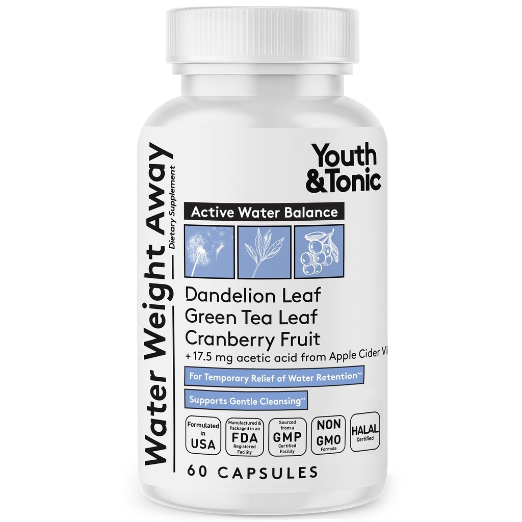 Gençlik ve Tonic Natural Water Kilo Away – Herbal Diuretic Pills for Bloating, Water Retention & Swelling Support for Women & Men – 60 Caps with Dandelion, P properties, Green Tea & Apple Cider Vinegar
