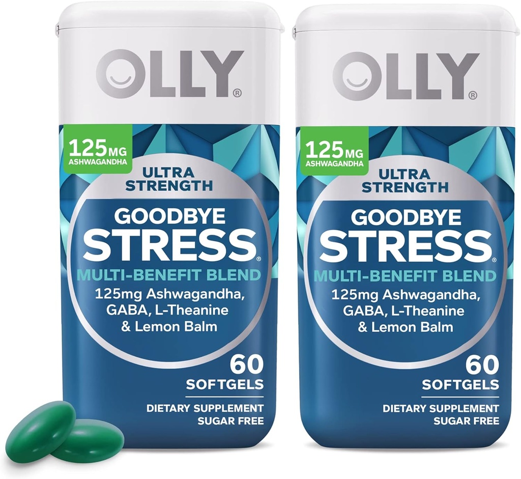 OLLY Ultra Strength Local Stress Softgels Twin Pack, GABA, Ashwagandha, L-Theanine ve Lemon Balm, Stres Yardım Tamamı - 120 Kont