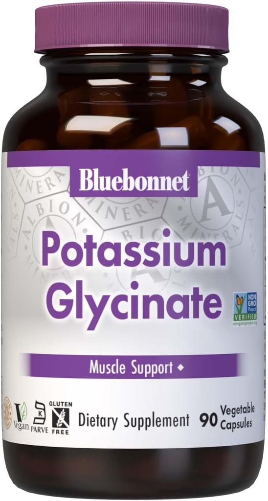 Bluebonnet Potassium Supplement 99 mg Albion Glycinate Complex - Electrolyte Balance, Muscle Strength & Recovery Mineral Support for Women & Men* - Non-GMO, Vegan, Gluten-Free - 90 Vegetable Capsules