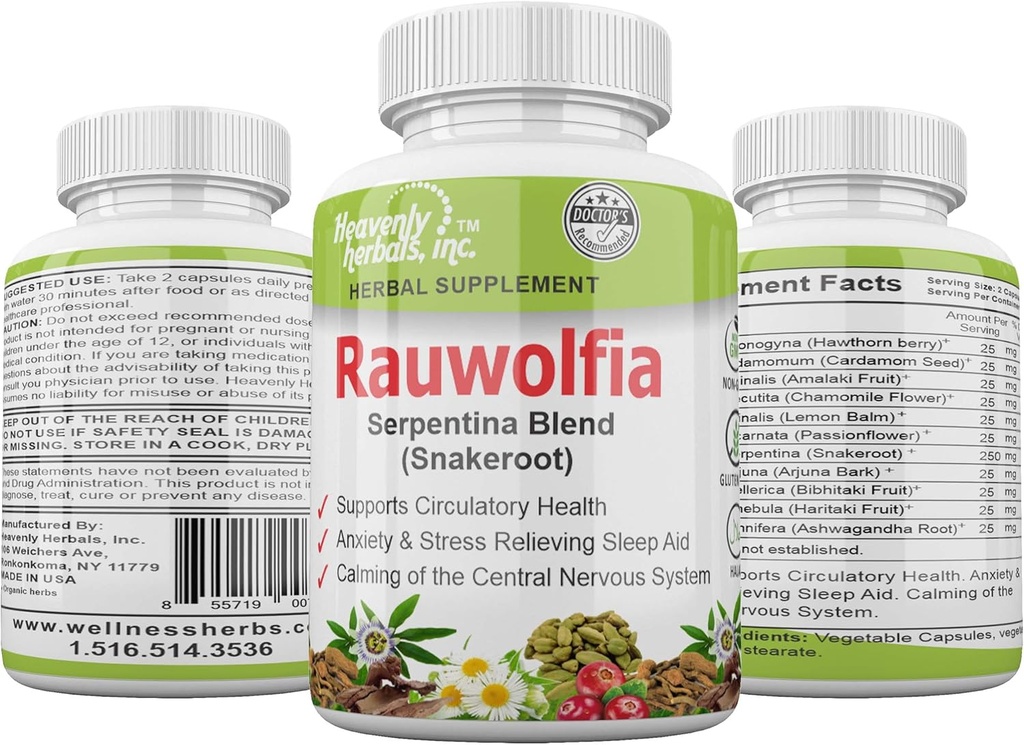 Rauwolfia Serpentina Blend (Snakeroot), 1000mg per Serving - Organic Herbal Supplement - Ayurvedic Herb & Natural Remedy -Supports Κυκλοφορική Υγεία, Καρδιαγγειακή Υγεία Aid 60 Ct.