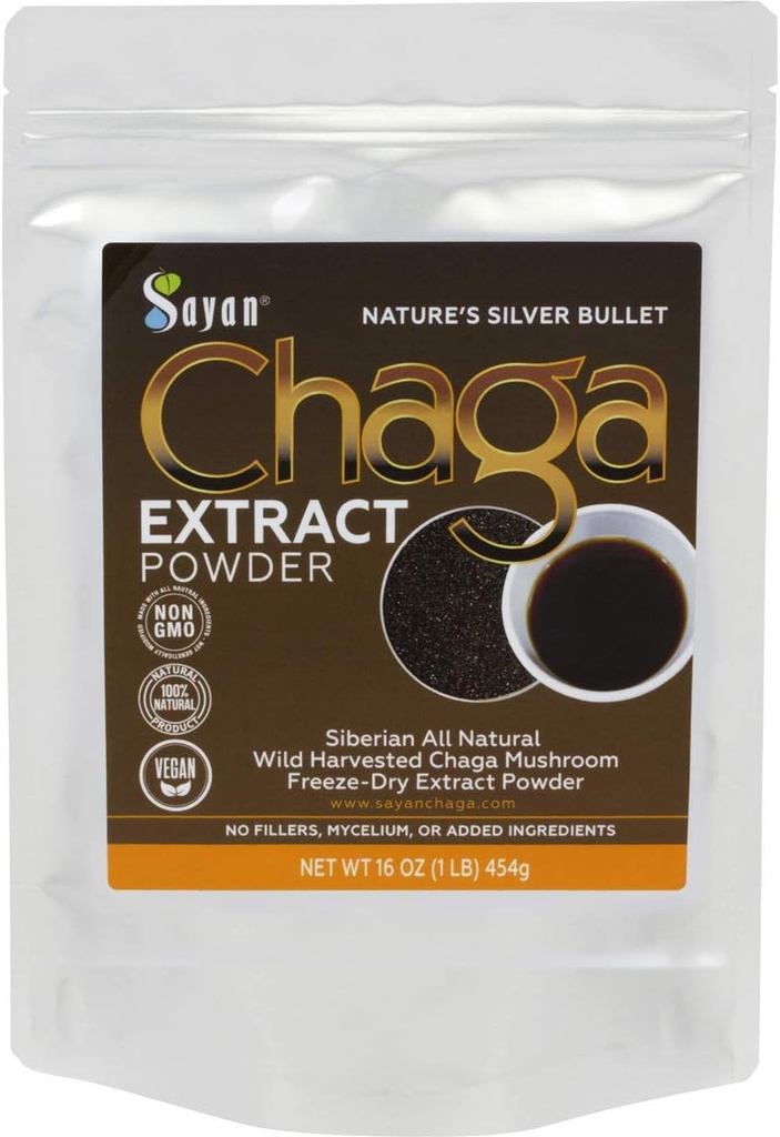 Sayan Chaga Mushroom Extract Toz (1 Lb) – Freeze pet Sibirya Wild Harvested - Immune ve Digestion Support - Focus, Energy, Clarity, Wellness - Hayır Katkılar