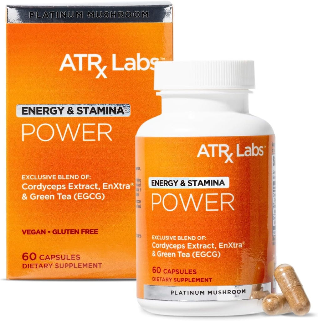 Power: Energy & Stamina - Mushroom Supplement, Cordyceps, Green Tea ve Perrietary Extract of Alpinia Galanga, Focus and Energy, Vegan & Gluten-Free, 60 Capsules