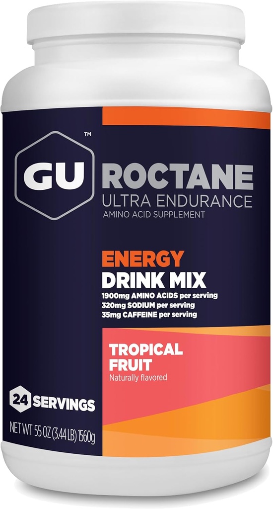 GU Energy Roctane Ultra Endurance Energy Drink Mix, Vegan, Gluten-Free, Kosher, 35 mg of Caffeine ve Süt-Free n-the-Go Energy for Any Workout, 3.44-Pound Jar, Tropikal Meyve