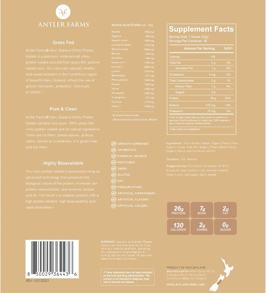 Antler Farms - 100% Grass Fed New Zealand Whey Protein Isolate, Peanut Butter Chocolate Flavor, 2 lbs - Pure and Clean, 7 Ingredients, Cold Processed