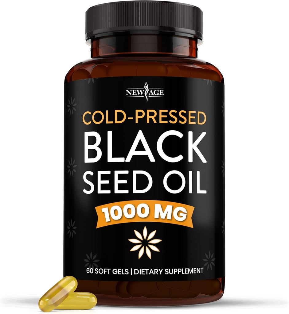 NEW AGE Black Seed Oil Softgel Capsules - Premium Cold-Pressed Nigella Sativa Saf Black Cumin Tohum Yağı - Non-GMO & Vegetarian (60 Softgels)