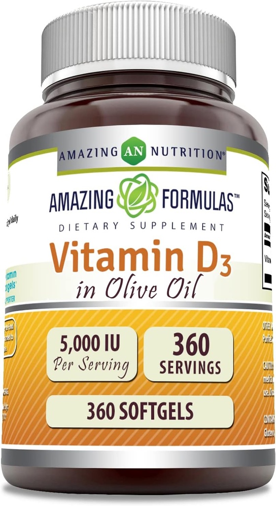 Amazing Formulas Vitamin D3 Olive Oil 5000 IU Supplement | Softgels | Non-GMO | Gluten-Free | Made in USA (1 Pack | 360 Count)