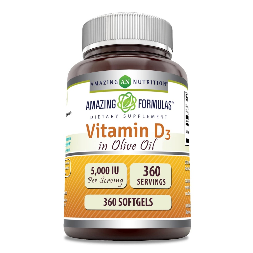 Amazing Formulas Vitamin D3 Olive Oil 5000 IU Supplement | Softgels | Non-GMO | Gluten-Free | Made in USA (1 Pack | 360 Count)