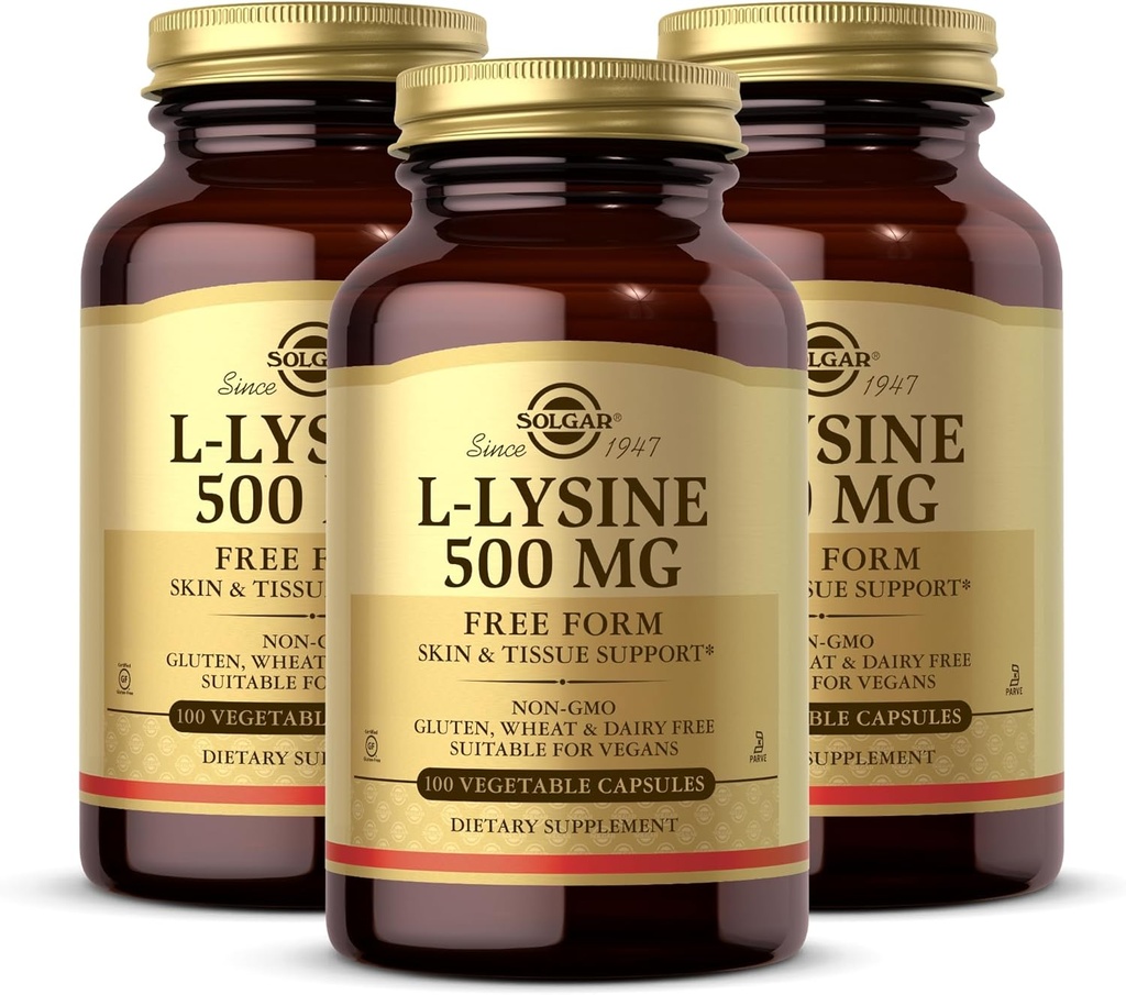 Solgar L-Lysine 500 mg - 100 κάψουλες λαχανικών, Συσκευασία 3 - Υποστήριξη δέρματος & ιστού - Μη ΓΤΟ, Vegan, Kosher, Χωρίς γλουτένη - 300 Σύνολο Σερβιρίσματος