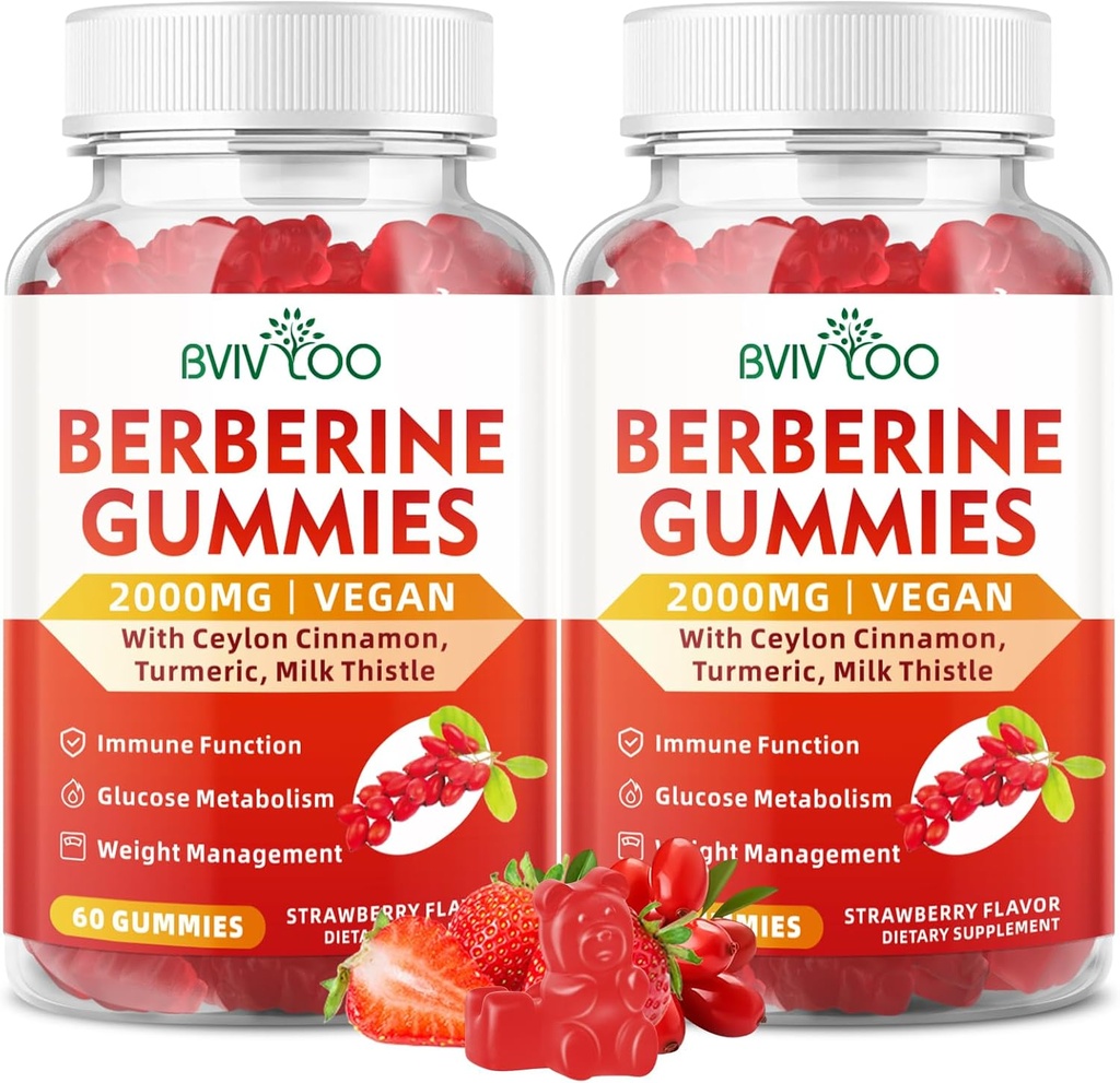 2 Packs Berberine Gummies,Sugar Free 2000mg High Potency Berberine HCI Supplement, Plus Ceylon Cinnamon, Milk Butle for Women & Men, Immune System & Metabolism Support - 120 Gummies