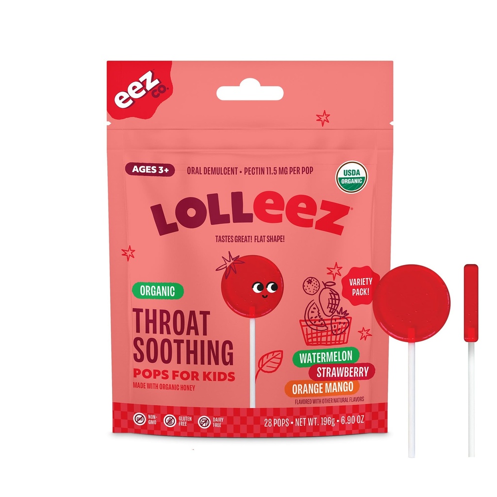 Lolleez Organik Lollipops for Kids Sore Throat Relief, Diversity Pack Perfect for Soothing A Sore Throat While Tasting Great, Strawberry, Watermelon & Orange Mango, 28 Count