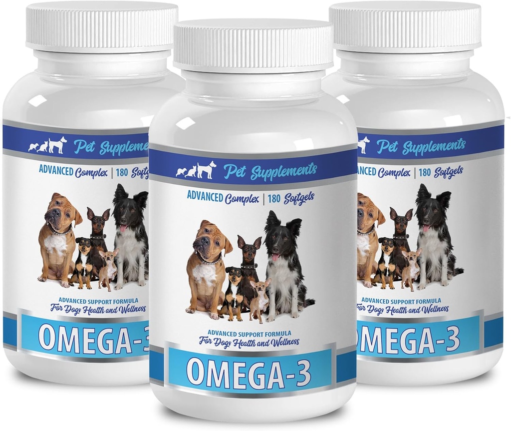PET SUPPLEMENTS & NUTRITION LLC Skin and Coat Wet Dog Food - Dog Omega 3 Essential Fatty ACIDS - Gelişmiş Formula - Saç ve Ön Sağlık - Doğal - Köpek Anti enflamatuar - 3 Şişe (540 Softgels)