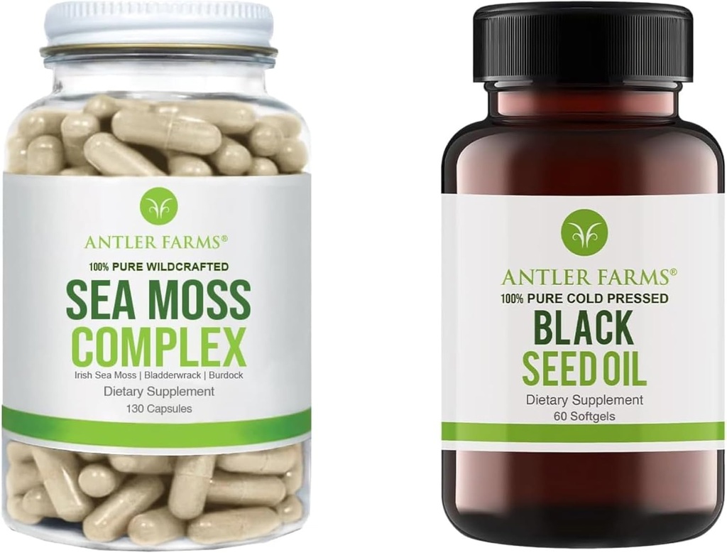 Antler Farms – 100% Pure Sea Moss Complex & Black Seed Oil Sche, Wildcrafted Irish Sea Moss & Turkish Black Cumin Nigella Sativa Tohum Yağı