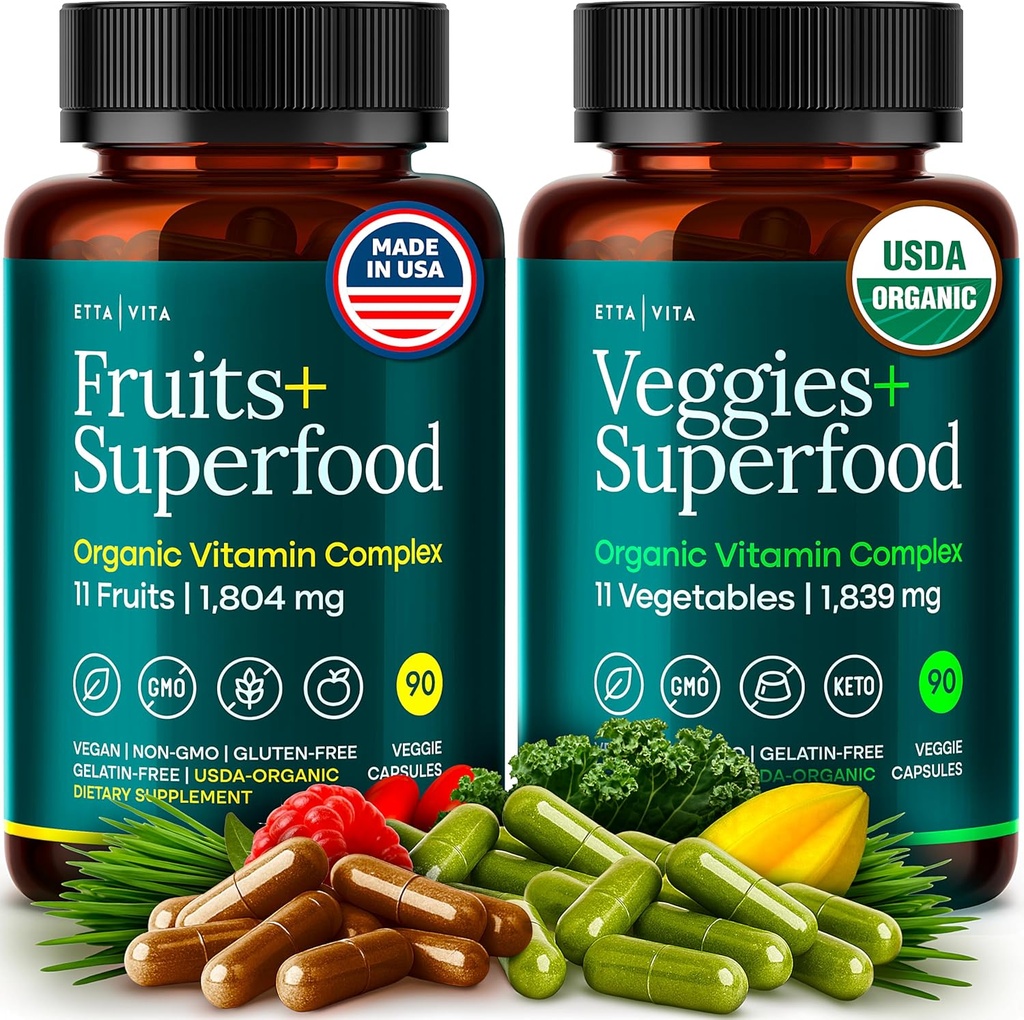 100% Organik Meyveler ve Veggies Supplement (USDA Organic - Made in USA) 180 Potent Meyveler ve Sebze Kapsülleri Enerji Boost & Günlük Meyve ve Sebze Vitaminleri - Vegan, Non-GMO, Gluten-Free