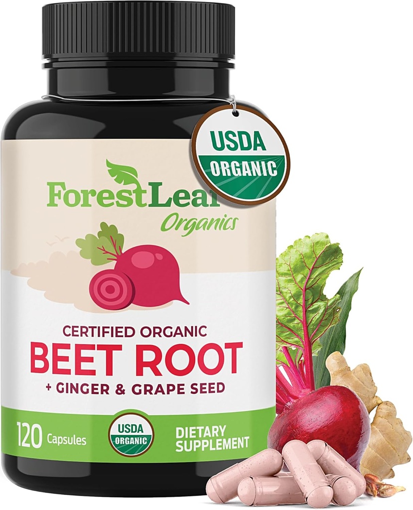 ForestLeaf Organic Beet Root Capsules - Beetroot Supplement 16000mg Strength 20:1 Extract Pills w/Ginger Grape Seed | Support Blood Pressure, Nitric Oxide, Flow, Circulation | Beets Powder - 120 Caps