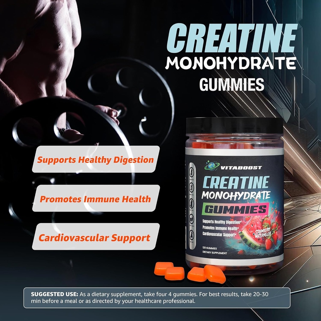 Kretine Gummies 5g-Cin Naturaltine Monohidrat for Men & Women- Delicious Strawberry Watermelon Flavor- Boost Strength, Energy & Muscle growth- Vegan Pre Workout Gummies- Made in USA