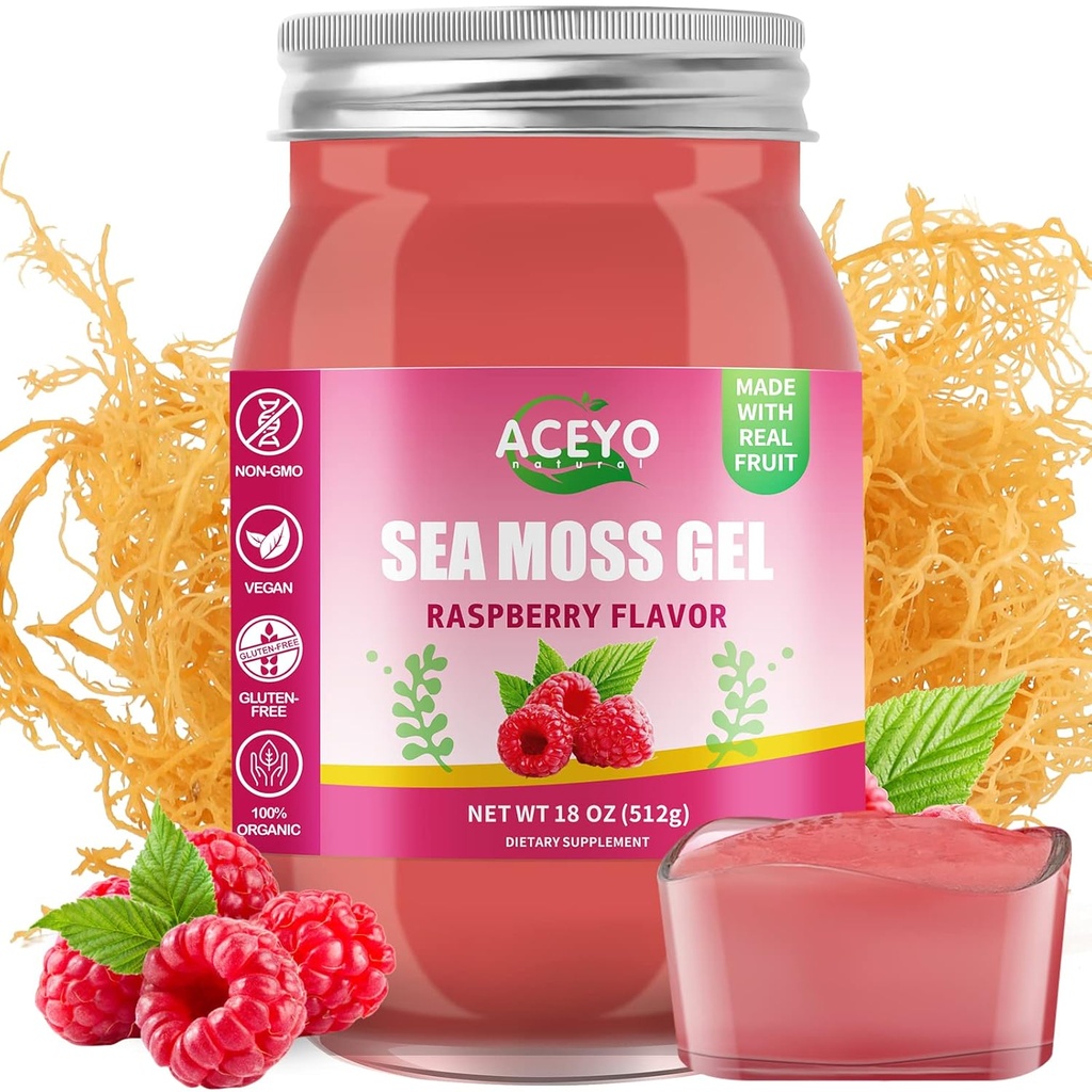 ACEYO (18 OZ) İrlandalı Deniz Moss Gel Organik Raw Vegan Raspberry Flavor 102 Vitamin ve Minerals Wild Harvested Non-GMO Immune Defense Branson Yourroid Digestive Support Support