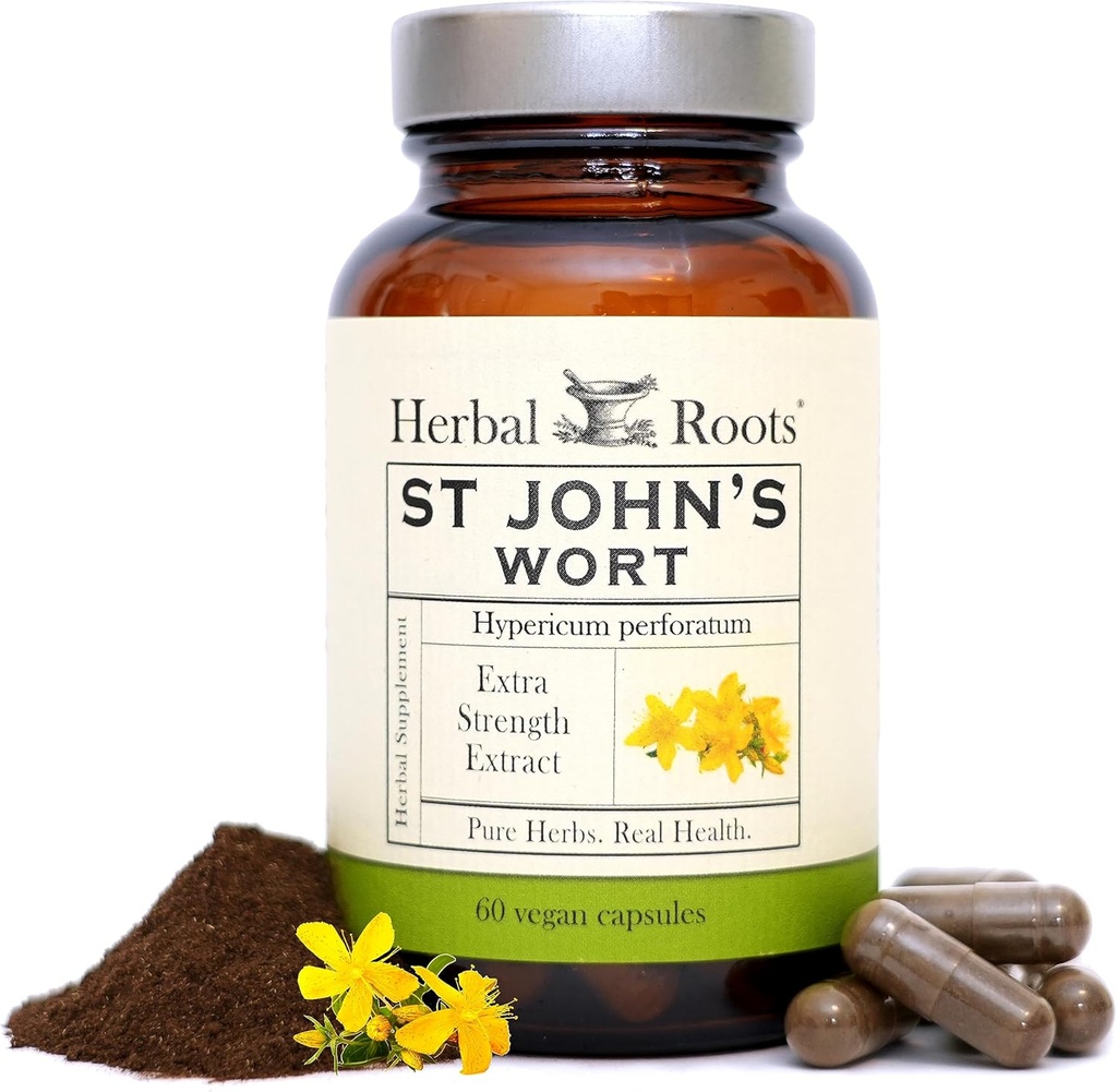 Herbal Roots St Johns Wort Capsules | hizmet başına 450 mg | Pure St. John's Wort with No Binders or Fillers Non GMO | 60 Vegan Capsules