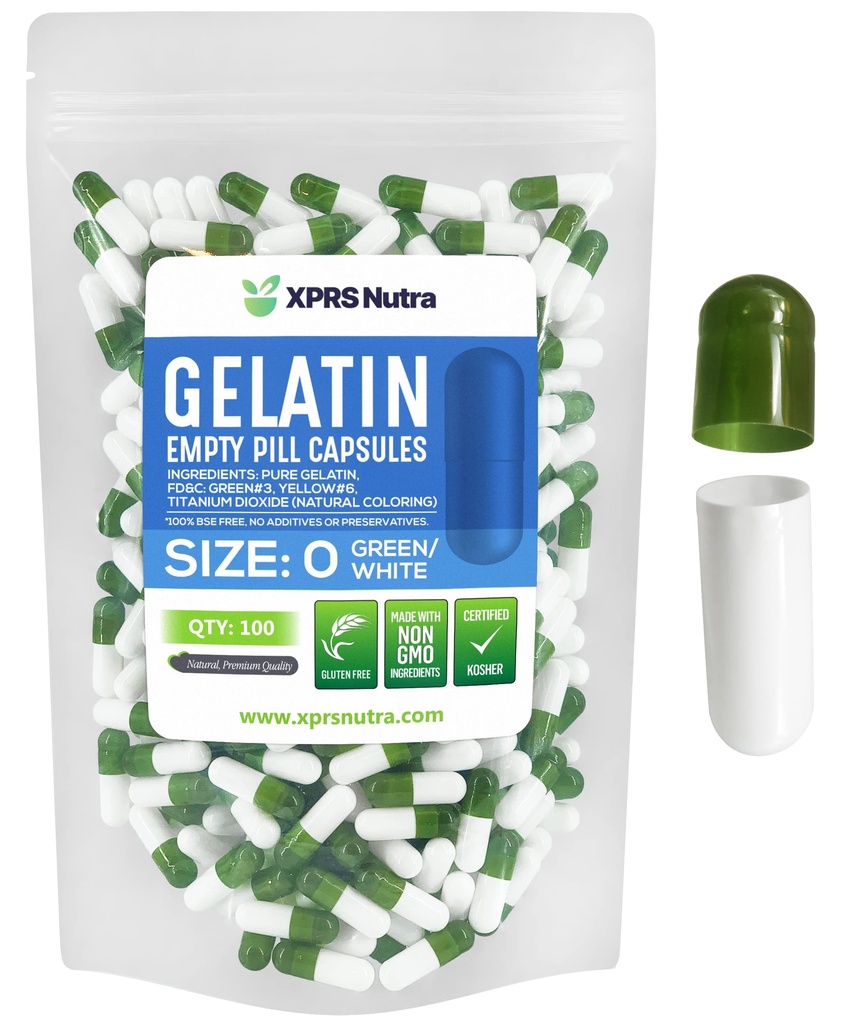 XPRS Nutra Μέγεθος 0 Κενές κάψουλες - 100 Count Empty Gelatin Κάψουλες - Χάπια DIY Καψάκιο Γέμισμα - Αγνά καπάκια τζελ Μπόβιν Χάπι για το Do-It-Yourself Συμπληρώματα (Πράσινη / Λευκή)