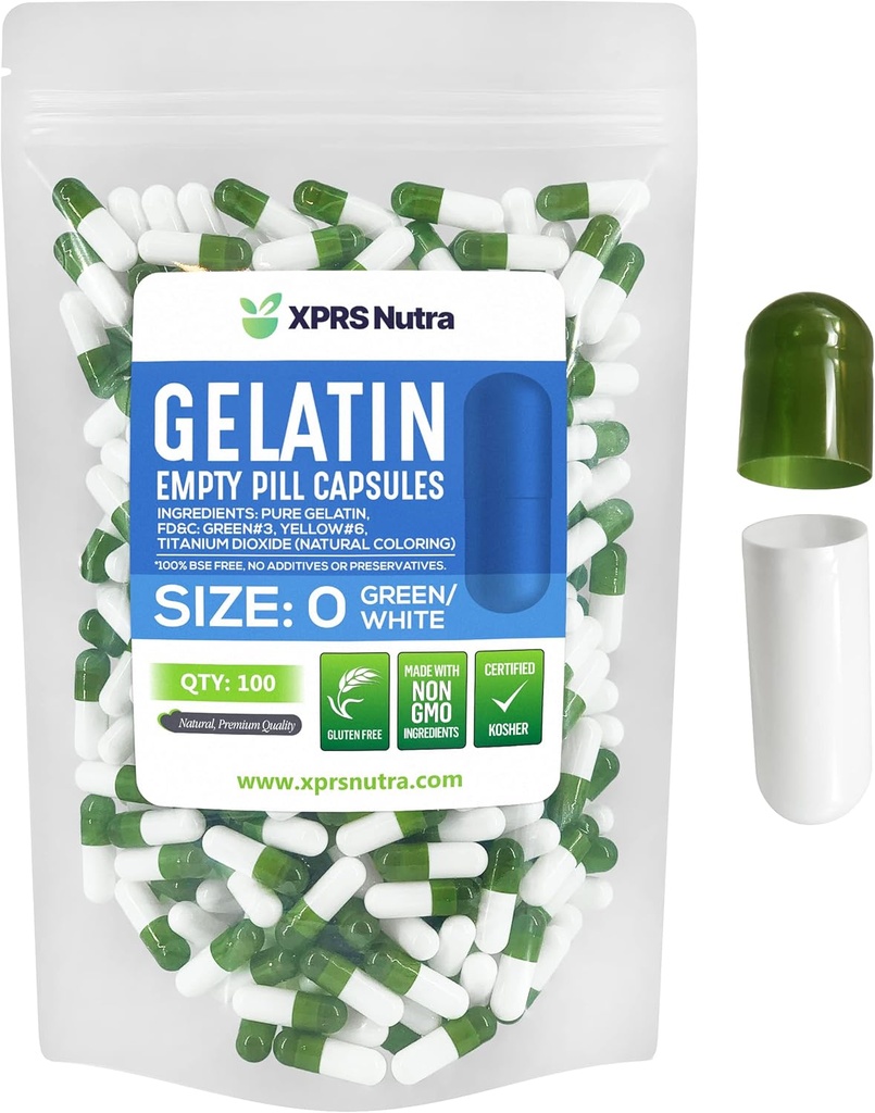XPRS Nutra Boyutu 0 Boş Kapsüller - 100 Kont Boş Gelatin Capsules - Pills DIY Capsule - Pure Bovine Pill Gel Caps For Do-It- Yourself Supplements (Green/White)