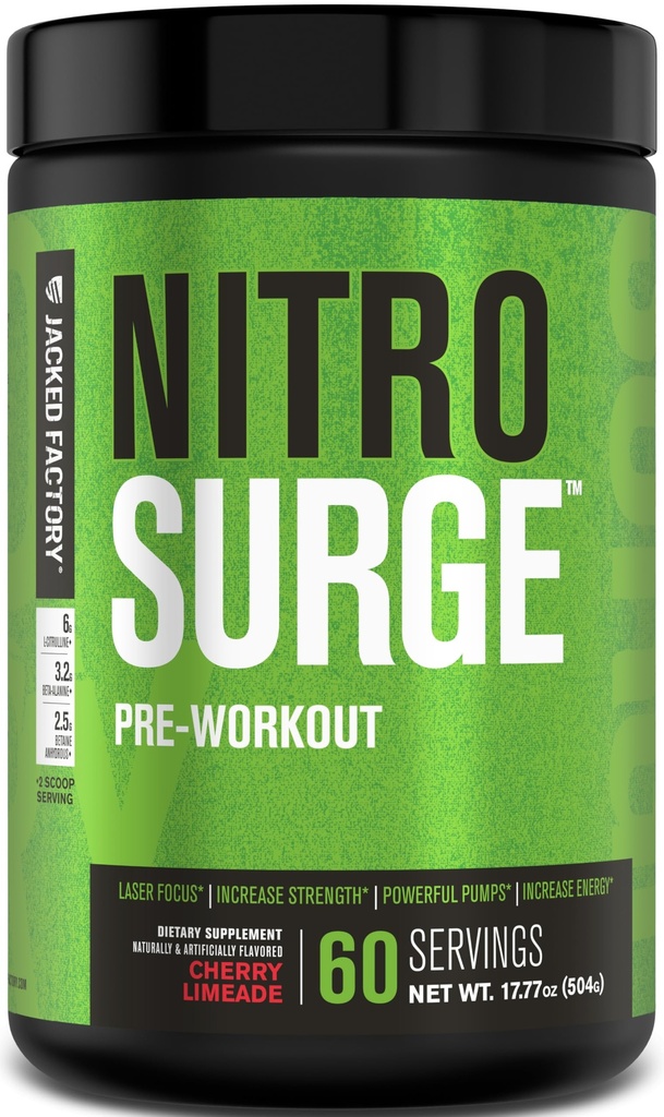 Jacked Factory NITROSURGE Pre Workout Supplement - Endless Energy, Instant Strength Gains, Clear Focus, Intense Pumps - NO ATM & Güçlü Preworkout Energy Toz - 60 Hizmet, Cherry Limeade