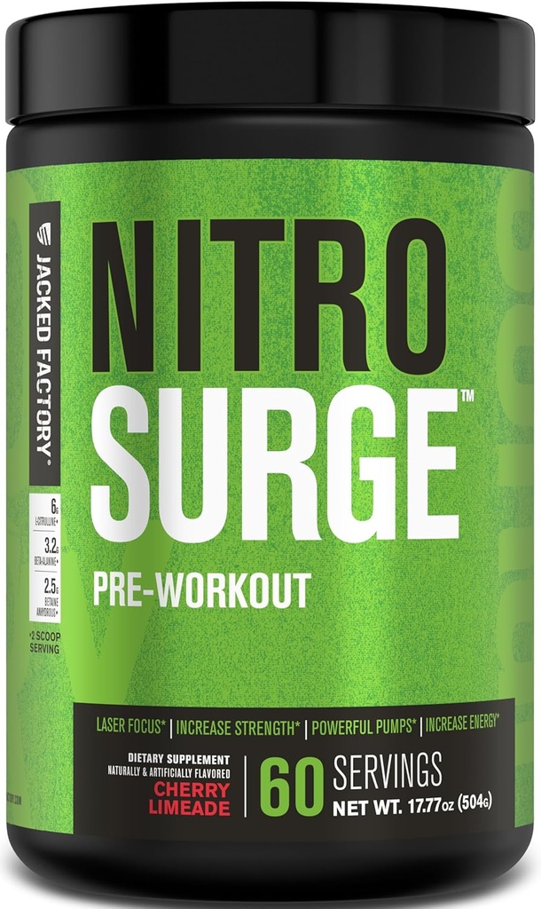 Jacked Factory NITROSURGE Pre Workout Supplement - Endless Energy, Instant Strength Gains, Clear Focus, Intense Pumps - NO Booster & Powerful Preworkout Energy Powder - 60 Servings, Cherry Limeade