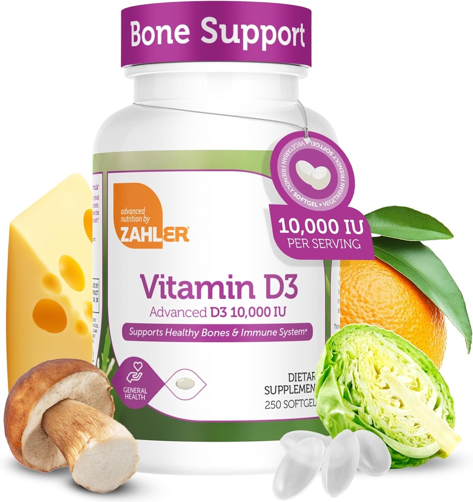 Zahler - Gelişmiş Vitamin D3 10.000 İ Softgels (250 Kont) Kosher Vegetarian Friendly D for Immune Support, Bone, Teeth & Muscle Health - Easy Sw VIT D 3 3