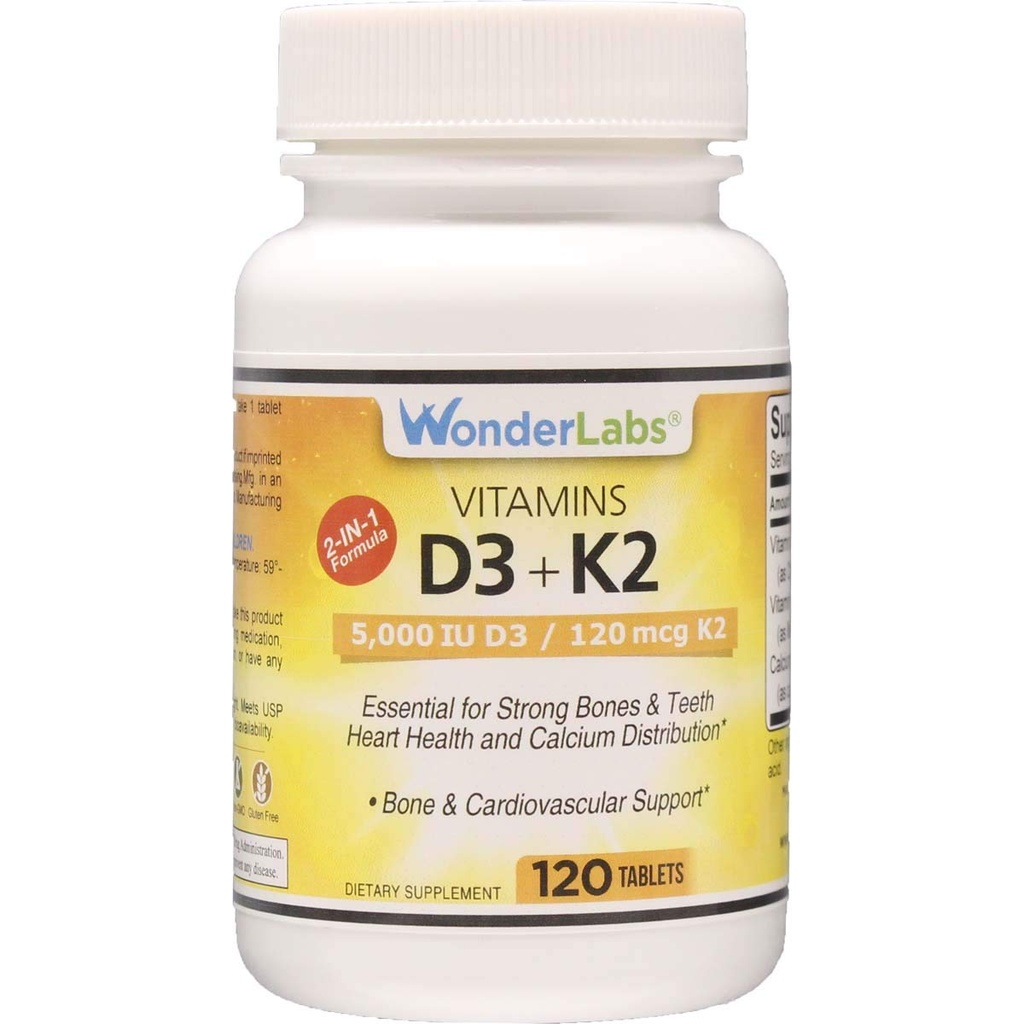 Wonder Laboratories Βιταμίνη D 5.000 IU, Βιταμίνη D3 + K2 Υποστηρίξτε ένα υγιές ανοσοποιητικό σύστημα, Απαραίτητο για τα ισχυρά οστά, την υγεία της καρδιάς, και τη διανομή ασβεστίου, 120 δισκία