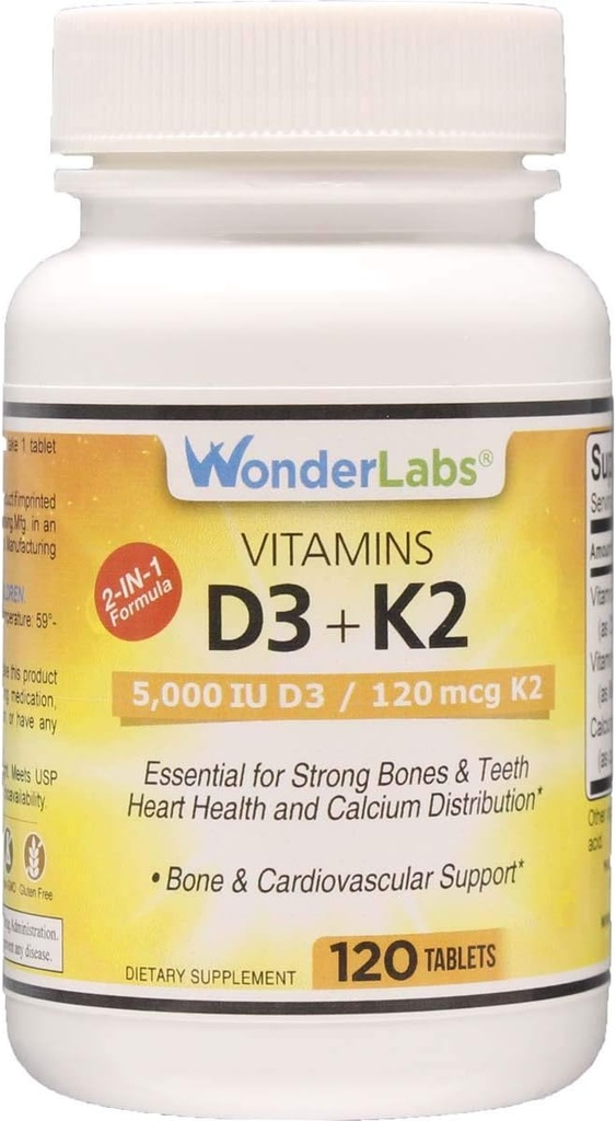 Wonder Laboratories D 5.000 IU, Vitamin D3 + K2 Sağlıklı Immune Sistemi, Güçlü Kemikler, Kalp Sağlığı ve Gıda Dağıtımı, 120 Tablet