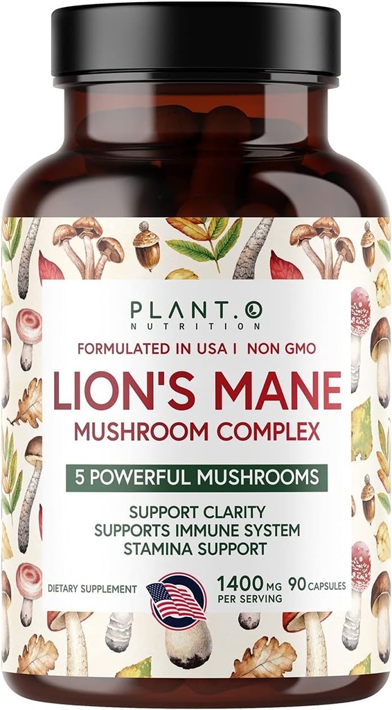Plant.O Premium Lion's Mane Supplement, All Natural Nootropics Brain Supplement, 5 Mushroom Kompleksi - Lion's Mane, Reishi, Chaga, Maitake, Shiitake for Immunity, Focus, Mood & Memory Boost, 90 Caps
