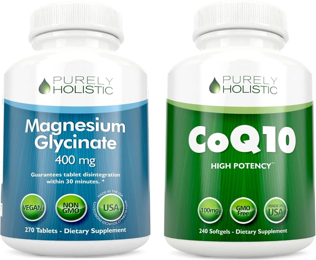 Γλυκινικό μαγνήσιο 400mg + CoQ10 100mg με οργανικό πακέτο ελαιολάδου - 270 δισκία & 240 Softgels