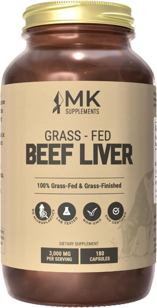 MK Supplements Grass Fed Beef Liver Supplement, Supports Energy Production, Detoxification, Digestion, Immunity and Full Body Wellness, Non-GMO, Freeze, 45 Hizmet (3,000 mg Her)