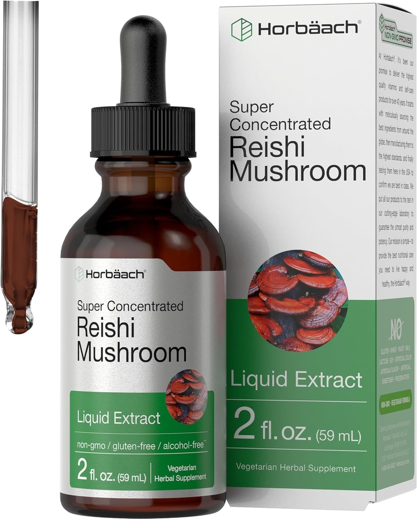 Horbäach Reishi Mushroom Extract Tincture | 2 Fl Oz | Liquid Drops | Ganoderma Lucidum | Vegetarian, Alkol Free | Non-GMO, Gluten Free Supplement