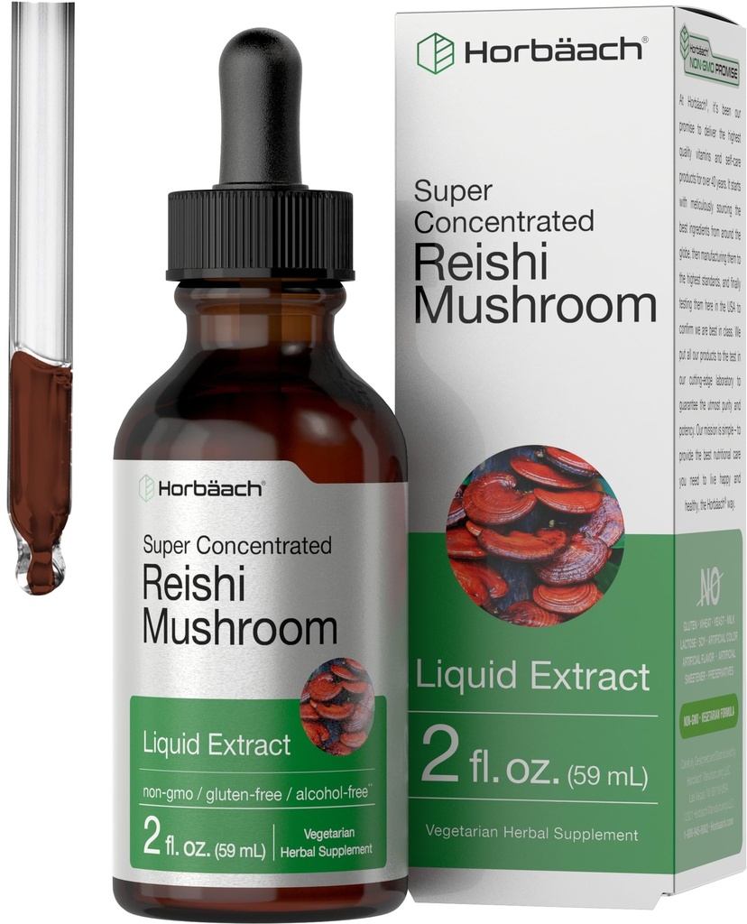 Horbäach Reishi Mushroom Extract Tincture | 2 Fl Oz | Liquid Drops | Ganoderma Lucidum | Vegetarian, Alkol Free | Non-GMO, Gluten Free Supplement