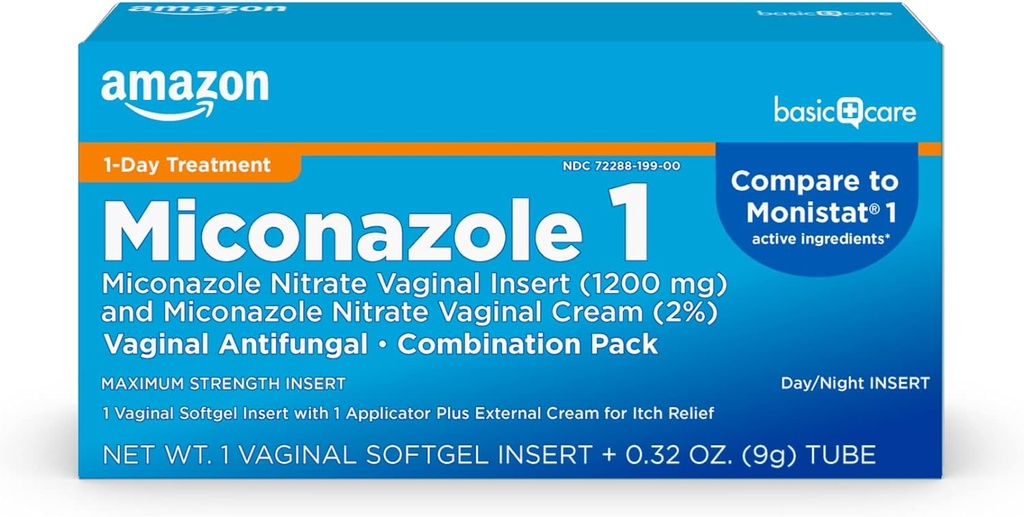 Βασική Φροντίδα Miconazole Νιτρικό Κολπικό Ένθετο 1200 mg και Miconazole Nitrate Cream 2 Συνδυασμός Κολπικής Μαγιάς Μόλυνση, Λευκό, 0.32 Ουγγιά (πακέτο του ), 1 Κόμβος
