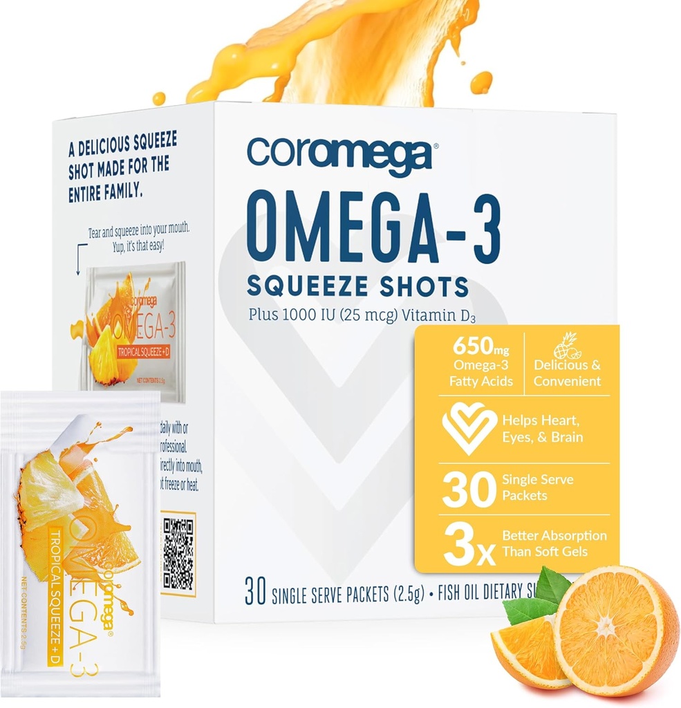 Coromega Omega 3 Fish Oil συμπλήρωμα με πρόσθετη βιταμίνη D3, 650mg Omega-3s με 3X καλύτερη απορρόφηση από Softgels, Τροπικό άρωμα πορτοκαλιού, 30 μόνο σερβίρετε πακέτα