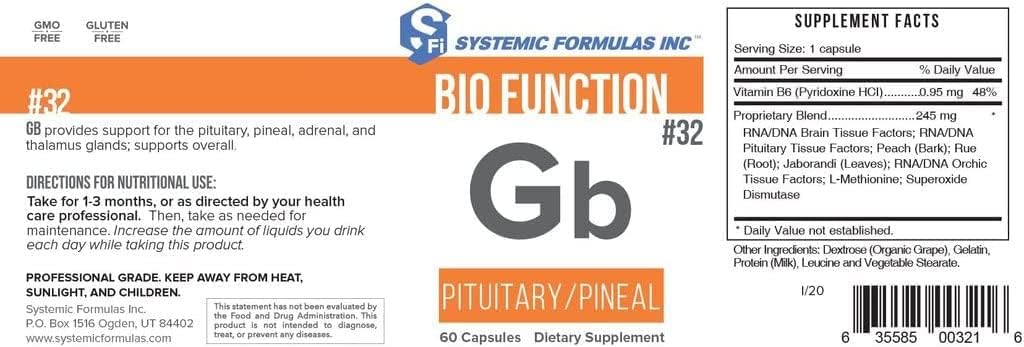 Systemic Formulas #32 Bio Function Gb Pituitary/Pineal 60 Capsules. Ruh Clarity ve Focus ve Normal sirdian Rhythms'ı destekler.