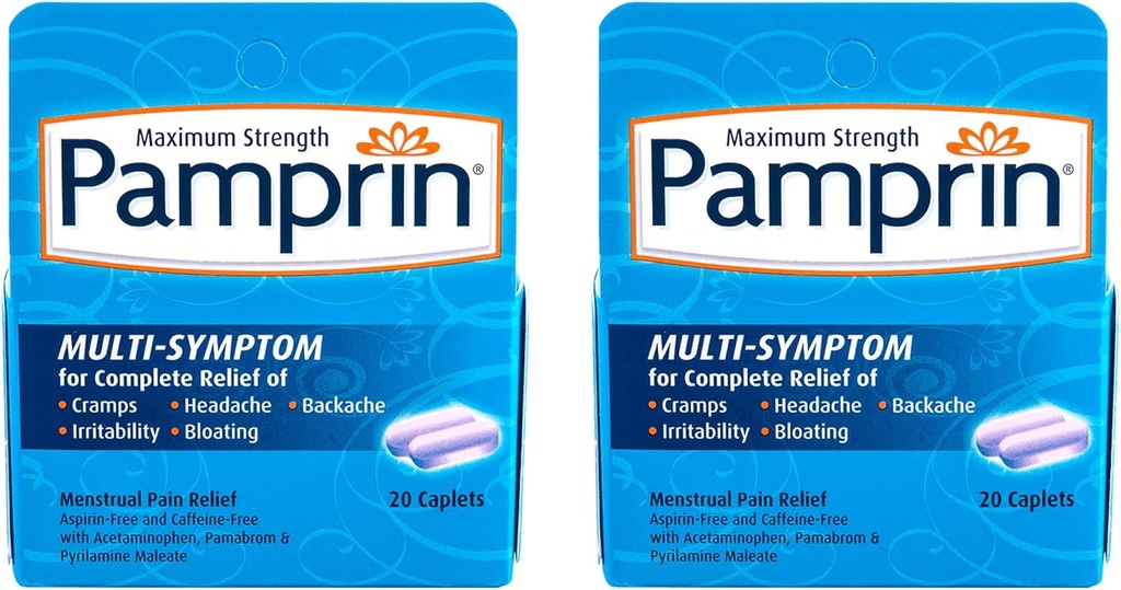 Pamprin Multi-Symptom Formula, Acetaminophen ile, Menstrual Period Sörding Cramps, Pain, Irritability ve Bloating, 20 Caplets (Pack of 2)