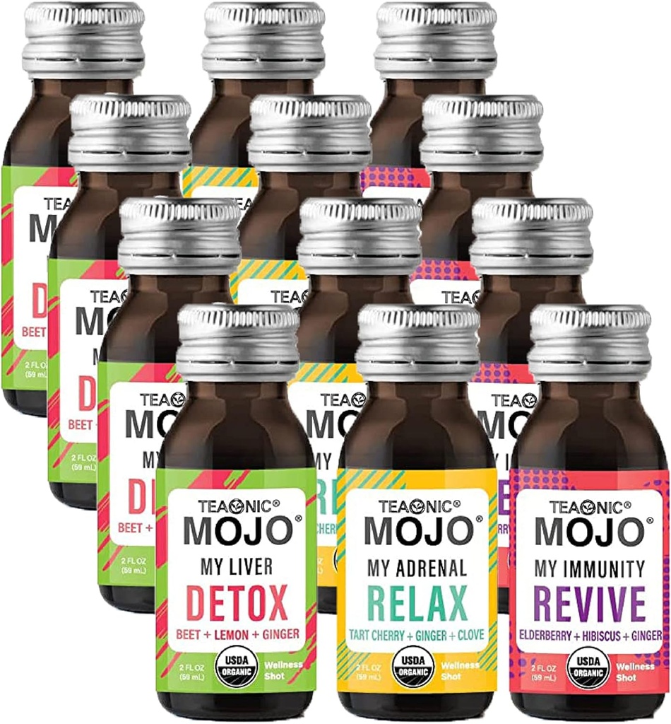 TEAONIC Wellness Shots - Çeşitli Paket: Rahat, Revive, Detox Shots, USDA-Cerhid Organik Wellness Shots, 12 Pack, 2 Fl. Oz Her