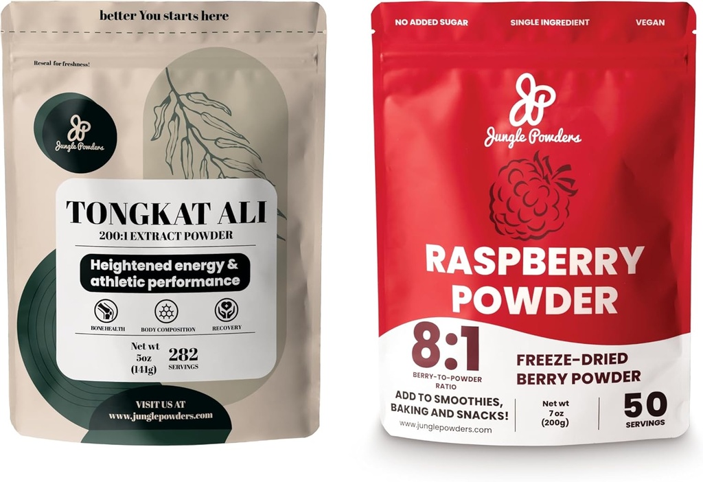 Orman Tozları Premium 5oz Tongkat Ali & Freeze-Dried 7oz Raspberry Sche - Erkeklerin Sağlık Desteği için Eurycoma Longifolia Toz Supplement, Unsweeten Red Superfood Extract ile eşleştirilmiş
