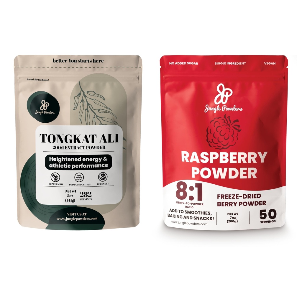 Zungle Powders Premium 5oz Tongkat Ali & Freeze-Dried 7oz Raspberry Bundle - Eurycoma Longifolia συμπλήρωμα σκόνης για την υποστήριξη της υγείας των ανδρών σε συνδυασμό με το μη ζαχαρωμένο εκχύλισμα κόκκινου σούπερ τροφίμου για το ψήσιμο
