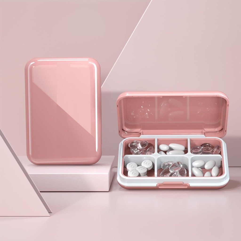 Pill Box Waterproof Travel Pill Case Portable Daily Pill Container Pill Holder Purse 6 Compartments Pocket Compact Medicine Organizer for Vitamin,Fish Oils,Supplements,Medication (Large Pink)